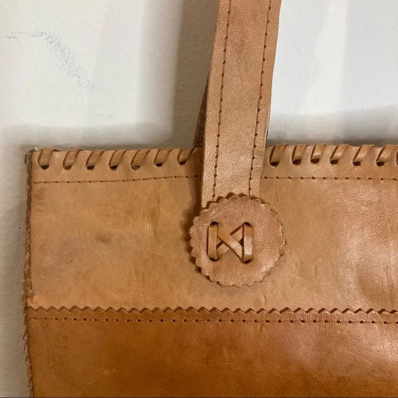 TOTE BAG LEATHER Bag  with Ruched Detail and Tooled Tan - Picture 3 of 6